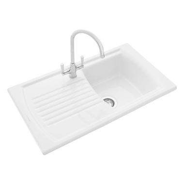 Rangemaster Tenby Compact 1 Bowl Gloss White Fireclay Ceramic Kitchen Sink & Waste with Reversible Drainer - 850 x 500mm