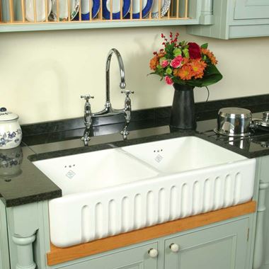 Shaws Ribchester White Ceramic Double Bowl Fluted Front Sink