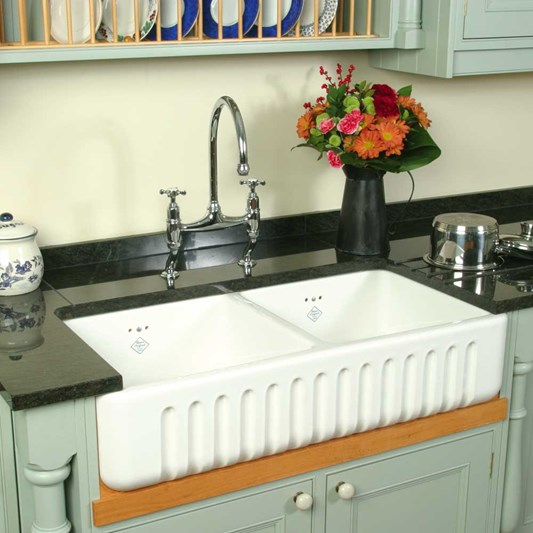 Shaws Ribchester White Ceramic Double Bowl Fluted Apron Front Sink - 795 x 465mm