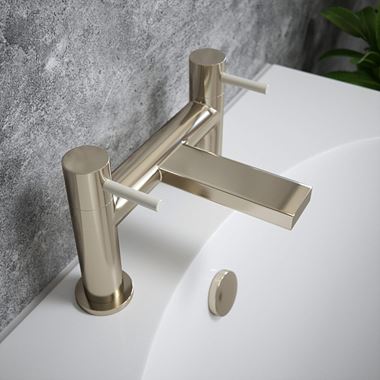 The Tap Factory Vibrance Brushed Nickel Deck Mounted Bath Filler with Ivory Handles