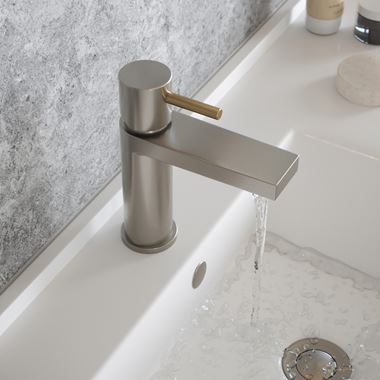 The Tap Factory Vibrance Brushed Nickel Mono Basin Mixer with Brushed Brass Handle and Basin Waste