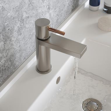 The Tap Factory Vibrance Brushed Nickel Mono Basin Mixer with Brushed Copper Handle and Basin Waste