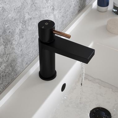 The Tap Factory Vibrance Vanto Black Mono Basin Mixer with Brushed Copper Handle and Basin Waste
