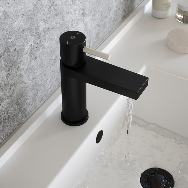The Tap Factory Vibrance Vanto Black Mono Basin Mixer and Basin Waste - 8 Handle Colours Available