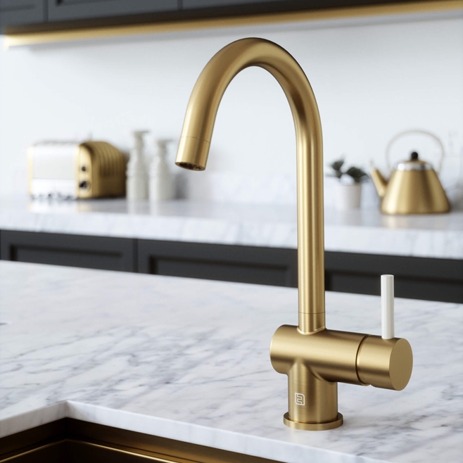 The Tap Factory Vibrance 1 Brushed Gold Single Lever Mono Kitchen Mixer with Coloured Handle
