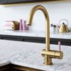 The Tap Factory Vibrance 1 Brushed Brass Single Lever Mono Kitchen Mixer with Candy Pink Handle
