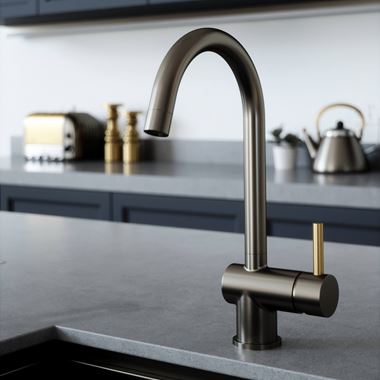 The Tap Factory Vibrance 1 Gunmetal Single Lever Mono Kitchen Mixer with Brushed Brass Handle