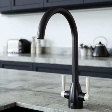 The Tap Factory Vibrance 2 Matt Black Twin Lever Mono Kitchen Mixer with Ivory Handles