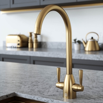 The Tap Factory Vibrance 2 Brushed Gold Twin Lever Mono Kitchen Mixer with Coloured Handles