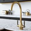 The Tap Factory Vibrance 2 Brushed Brass Twin Lever Mono Kitchen Mixer with Gunmetal Handles