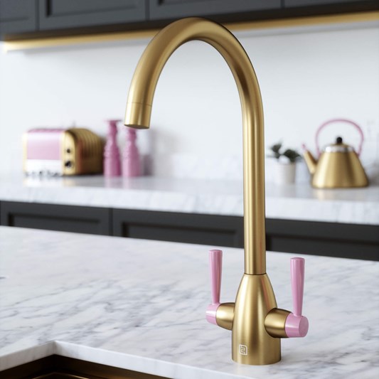 The Tap Factory Vibrance 2 Brushed Gold Twin Lever Mono Kitchen Mixer with Coloured Handles