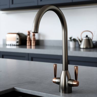 The Tap Factory Vibrance 2 Gunmetal Twin Lever Mono Kitchen Mixer with Copper Handles