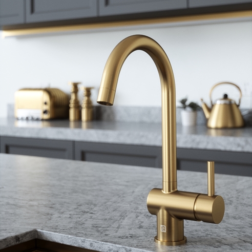 The Tap Factory Vibrance 1 Brushed Brass Single Lever Mono Kitchen Mixer with Coloured Handle