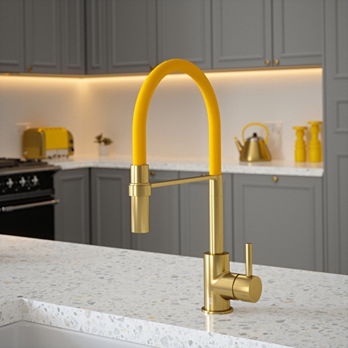 The Tap Factory Vibrance Tube Brushed Brass Mono Pull Out Kitchen Mixer Tap with Coloured Spout