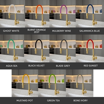 The Tap Factory Vibrance Tube Brushed Brass Mono Pull Out Kitchen Mixer Tap with Coloured Spout
