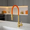 The Tap Factory Vibrance Tube Brushed Brass Mono Pull Out Kitchen Mixer Tap with Burnt Orange Zest Spout