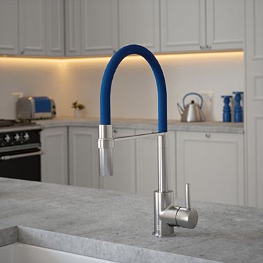 The Tap Factory Vibrance Tube Brushed Nickel Mono Pull Out Kitchen Mixer Tap with Coloured Spout
