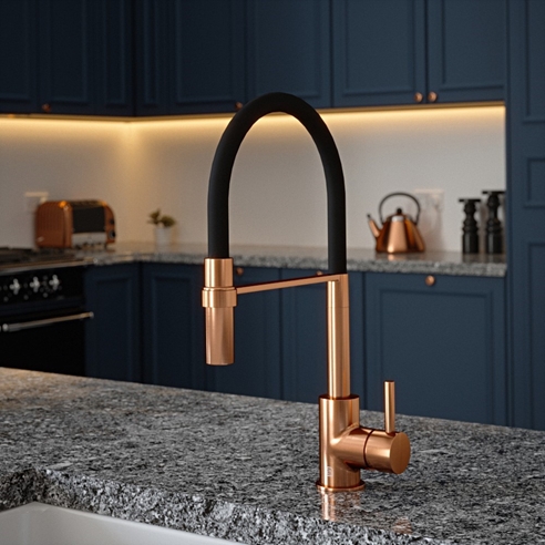 The Tap Factory Vibrance Tube Brushed Copper Mono Pull Out Kitchen Mixer Tap with Coloured Spout