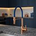 The Tap Factory Vibrance Tube Brushed Copper Mono Pull Out Kitchen Mixer Tap with Salamanca Blue Spout