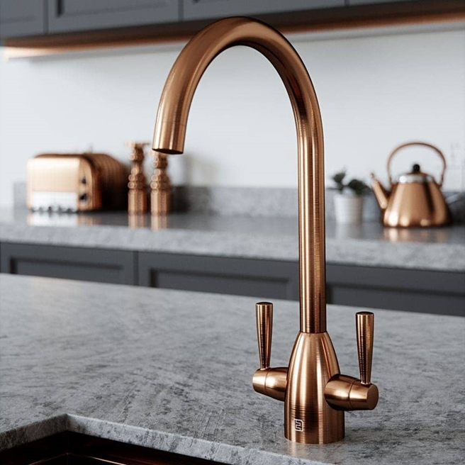 The Tap Factory Vibrance 2 Copper Twin Lever Mono Kitchen Mixer with Coloured Handles