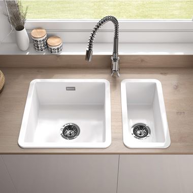 Thomas Denby Metro Half Bowl Inset or Undermount Gloss White Ceramic Kitchen Sink - 234 x 460mm