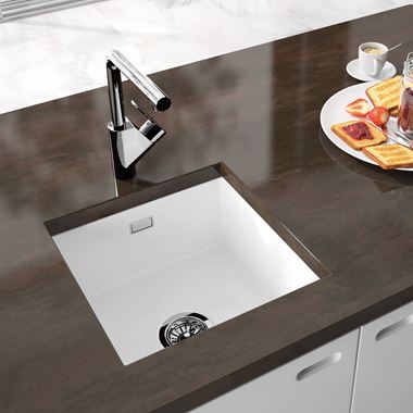 Thomas Denby Metro 1 Bowl Inset or Undermount Gloss White Ceramic Kitchen Sink - 460 x 460mm