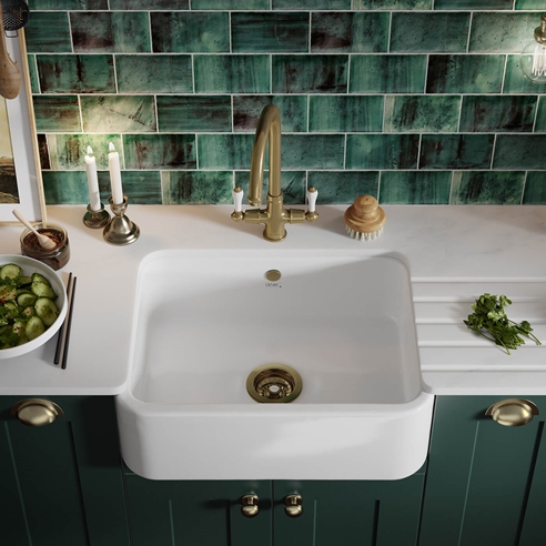 Thomas Denby Windsor Belfast 1 Bowl Gloss White Ceramic Kitchen Sink - 595 x 460mm