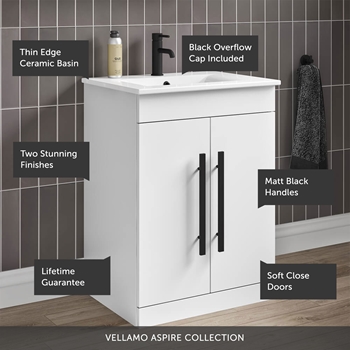 Vellamo Aspire 600mm Floorstanding 2 Door Vanity Unit & Ceramic Basin with Matt Black Handles & Overflow Cover