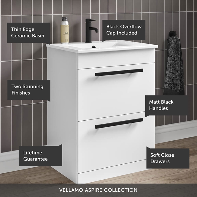 Vellamo Aspire 600mm Floorstanding 2 Drawer Vanity Unit & Ceramic Basin with Matt Black Handles & Overflow Cover - Gloss White