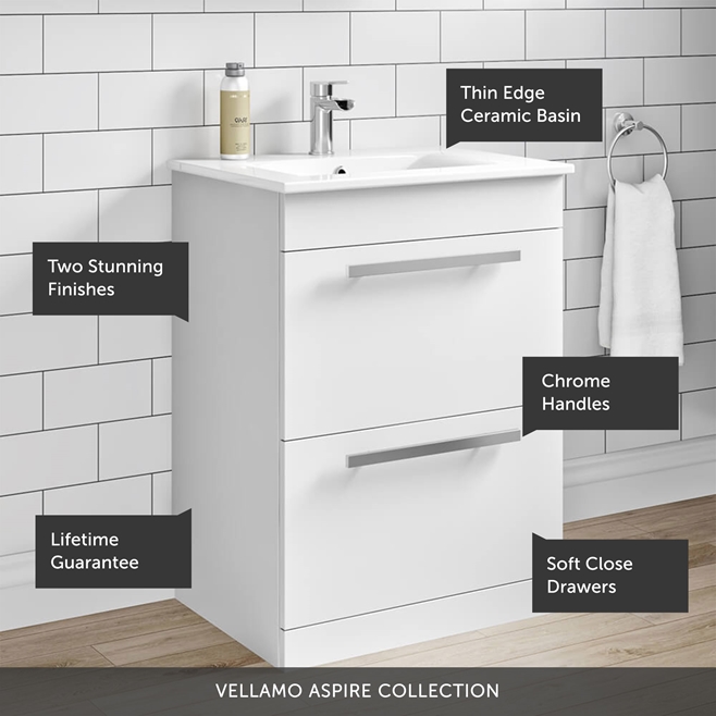 Vellamo Aspire 600mm Floorstanding 2 Drawer Vanity Unit & Thin Ceramic Basin - Gloss White