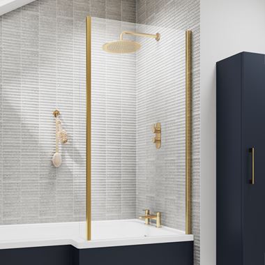 Vellamo Brushed Brass L-Shaped Bath Screen With Fixed Return - 1435 x 800mm
