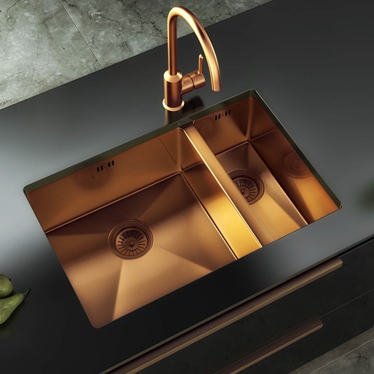 Vellamo Designer 1.5 Bowl Inset/Undermount Brushed Copper Stainless Steel Kitchen Sink & Waste - 670 x 440mm