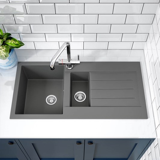 Vellamo 1.5 Bowl Matt Grey Composite Kitchen Sink & Waste with Reversible Drainer - 1000 x 500mm