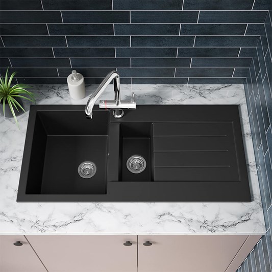 Vellamo 1.5 Bowl Matt Black Composite Kitchen Sink & Waste with Reversible Drainer - 1000 x 500mm