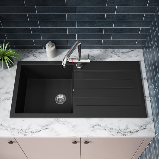 Vellamo 1 Bowl Matt Black Composite Kitchen Sink & Waste with Reversible Drainer - 1000 x 500mm