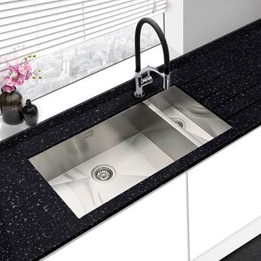 Vellamo Edge Extra Large 1.5 Bowl Undermount Brushed Stainless Steel Kitchen Sink & Waste with Left Hand Main Bowl - 890 x 430mm