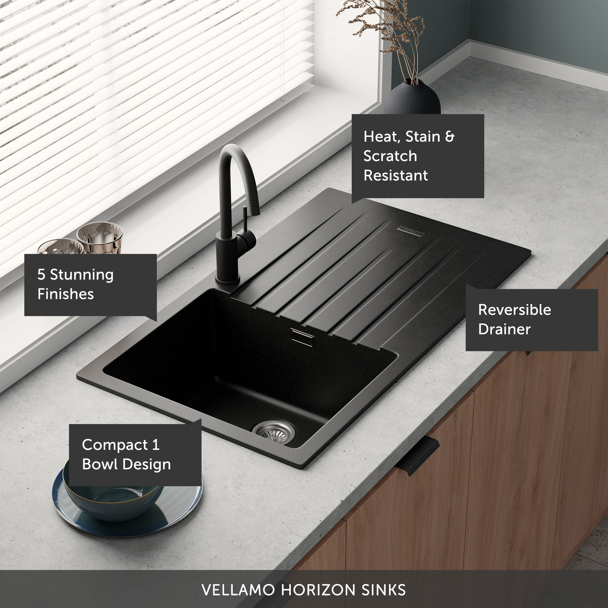Vellamo Horizon Compact 1 Bowl Granite Composite Kitchen Sink & Waste