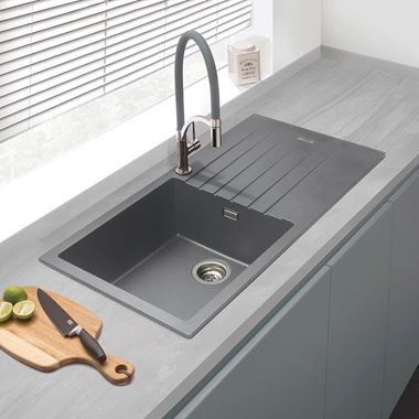 Vellamo Horizon Large 1 Bowl Graphite Grey Granite Composite Sink & Waste Kit with Reversible Drainer - 1000 x 500mm