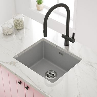 Vellamo Terra 1 Bowl Graphite Grey Granite Composite Inset/Undermount Kitchen Sink & Waste Kit - 533 x 457mm