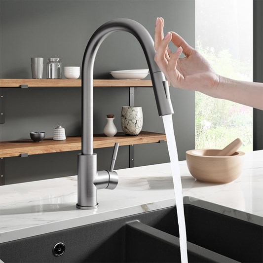Vellamo Touch Control Single Lever Mono Pull Out Kitchen Mixer Tap - Brushed Nickel