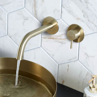 VOS Single Lever Wall Mounted Basin Mixer Tap - Brushed Brass