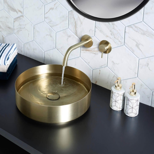 VOS Single Lever Wall Mounted Basin Mixer Tap - Brushed Brass
