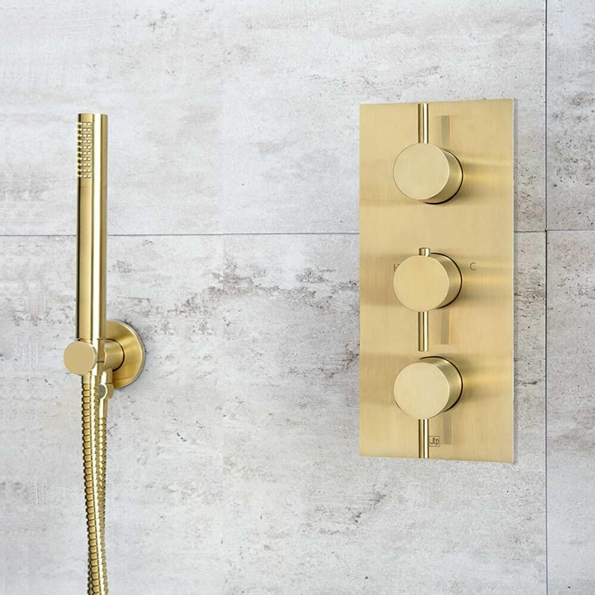 VOS Round Water Outlet & Holder with Metal Hose & Slim Hand Shower- Brushed Brass