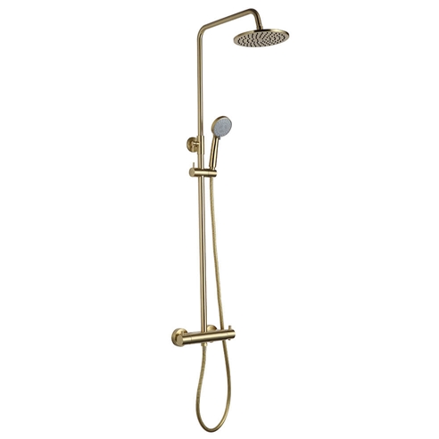 VOS Exposed Dual Outlet Rigid Riser Thermostatic Shower Set - Brushed Brass