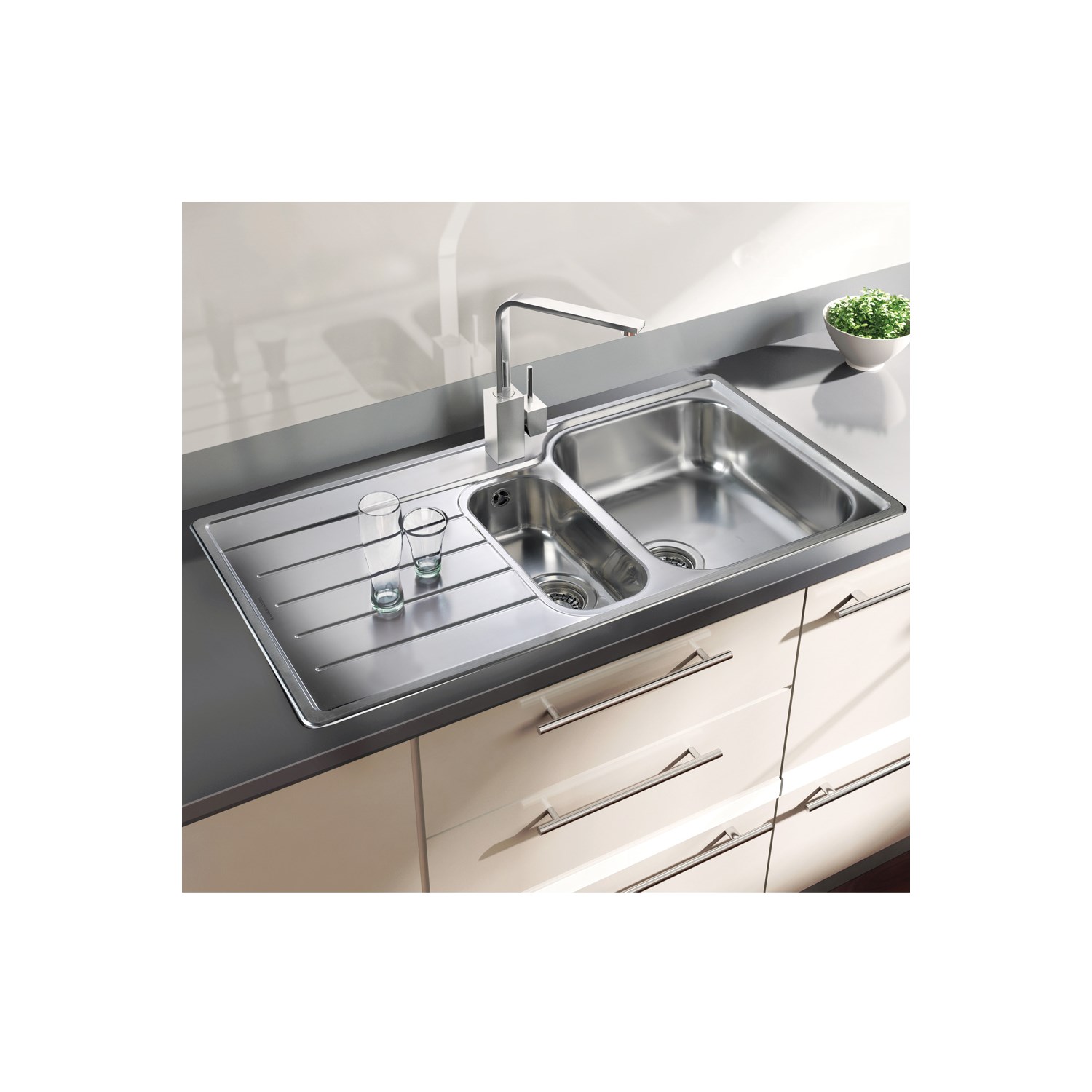 Rangemaster Oakland 1.5 Bowl Brushed Stainless Steel Sink & Waste Kit with Left Hand