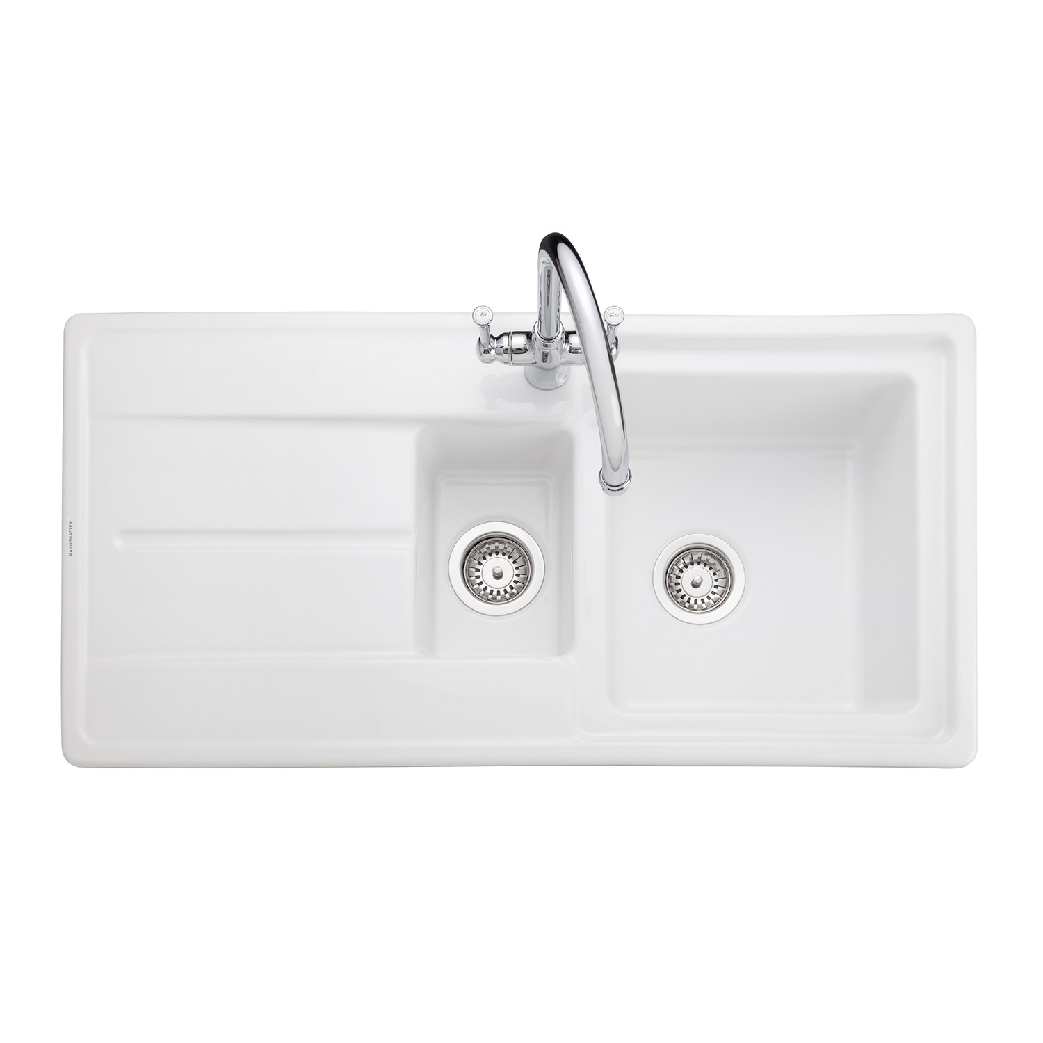 Rangemaster Arlington 1.5 Bowl White Fireclay Ceramic Sink & Waste Kit - 985 x 500mm