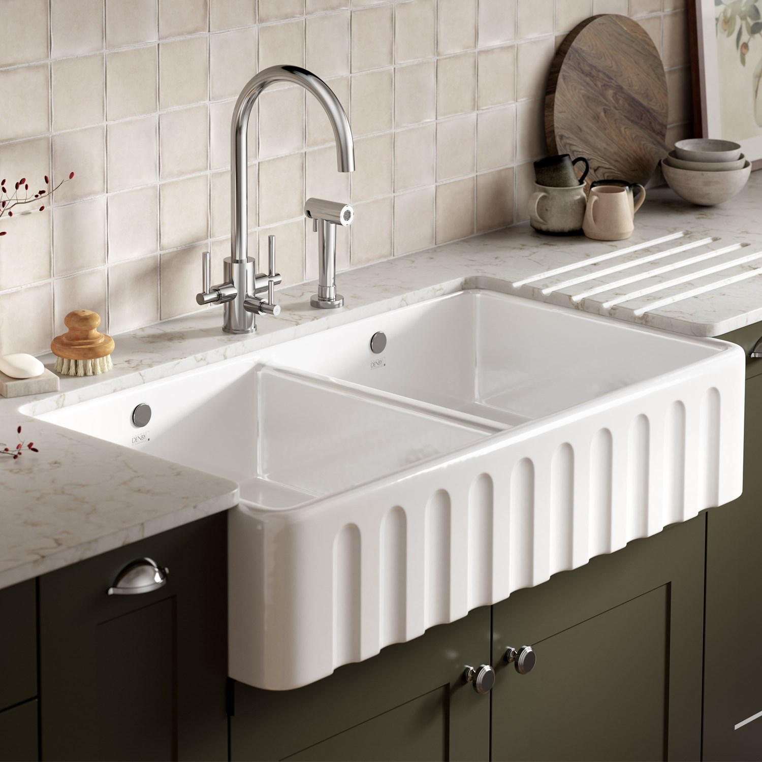 Thomas Denby Cotswold 2 Bowl Fluted White Ceramic Belfast Sink 1000 X 