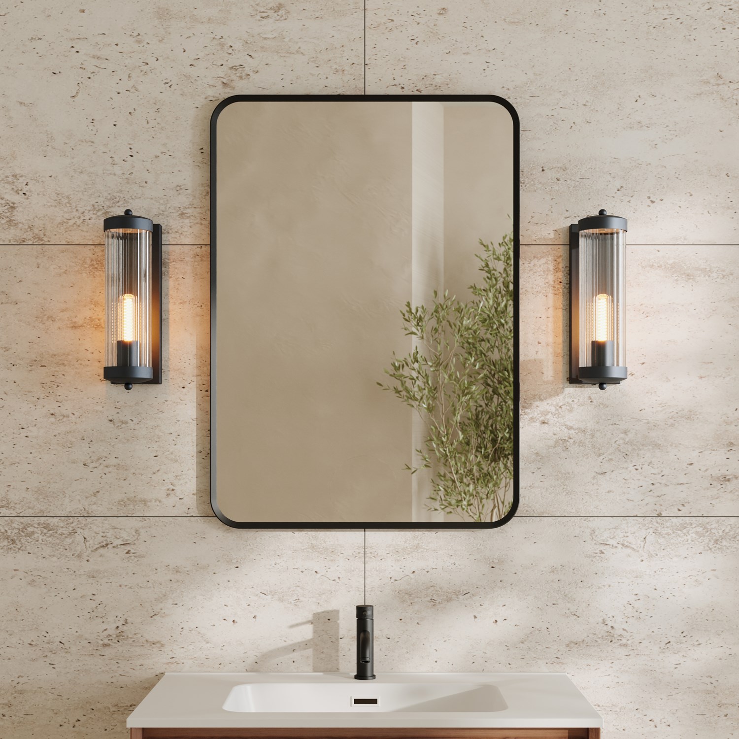 Finn Matt Black Framed Mirror with Set Of 2 Fluted Lantern Wall Lights