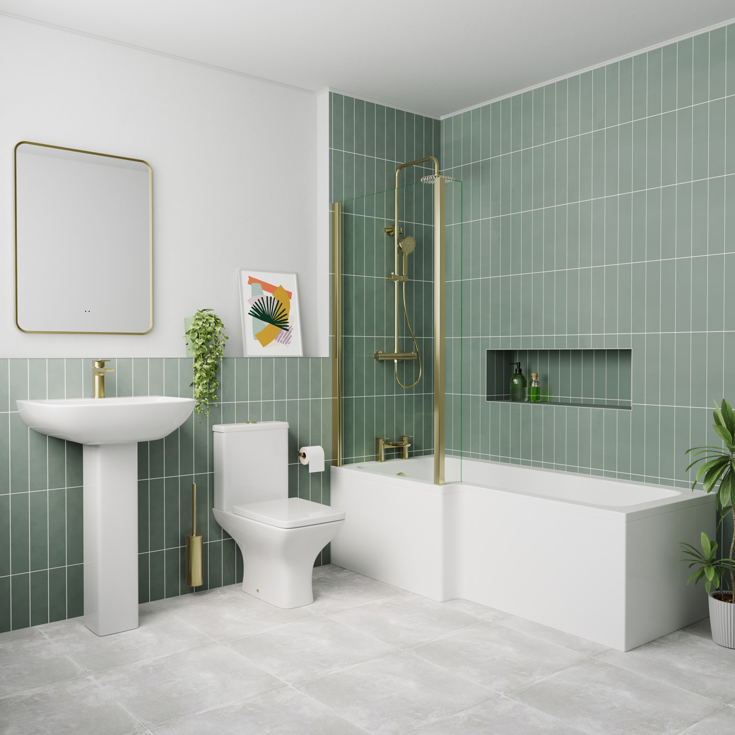 Emily Complete Brushed Brass Bathroom Suite with 1700mm L Shaped Shower Bath & Rimless