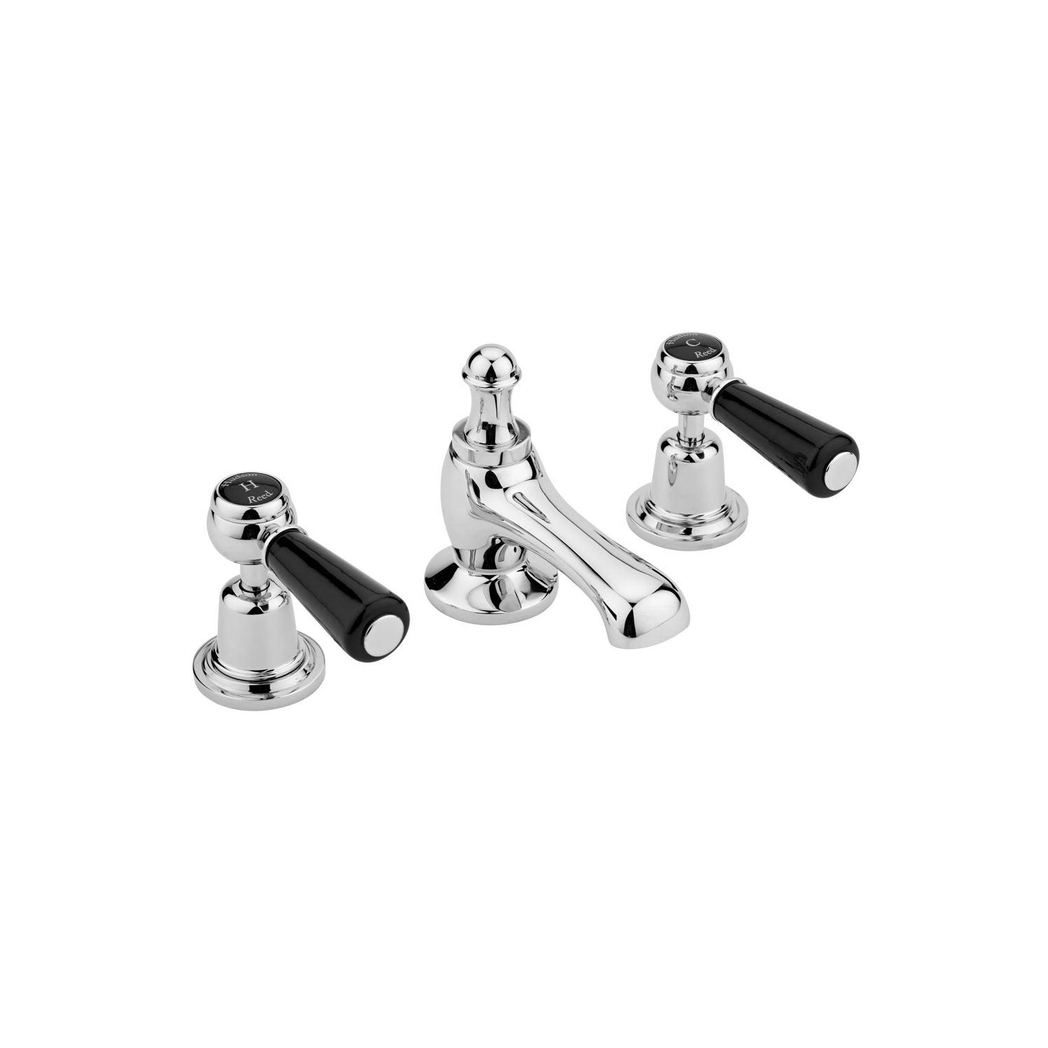 Hudson Reed Black Topaz Lever 3 Tap Hole Basin Mixer With Dome Collars & Waste